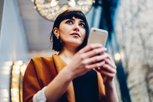 Attractive Hipster Girl Holding Smartphone Device Hands Browsing Wireless Internet — Stock Photo, Image