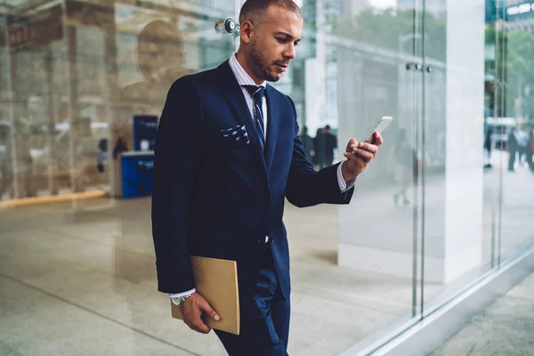Serious Male Owner Company Formal Wear Installing App Smartphone Using — Stock Photo, Image