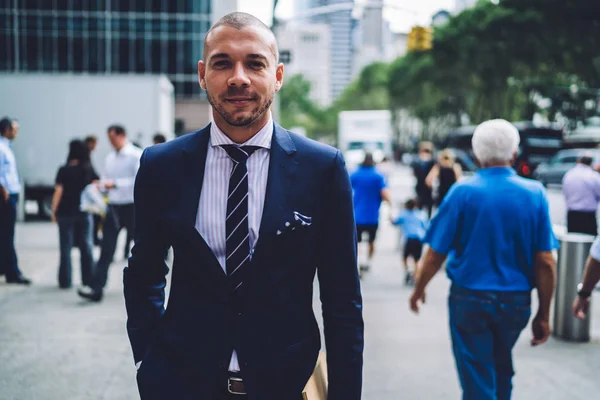 Portrait Successful Male Entrepreneur Dressed Formal Wear Looking Camera Prosperous — Stock Photo, Image