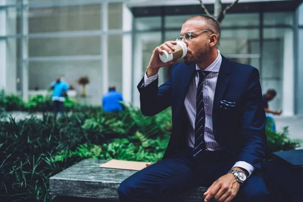 Young Successful Proud Ceo Dressed Elegant Suit Drinking Tasty Coffee — Stock Photo, Image