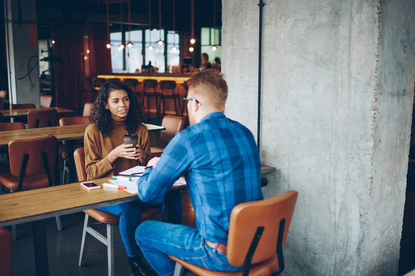 Back View Male Employee Making Interview Dark Skinned Female Student — Stock Photo, Image