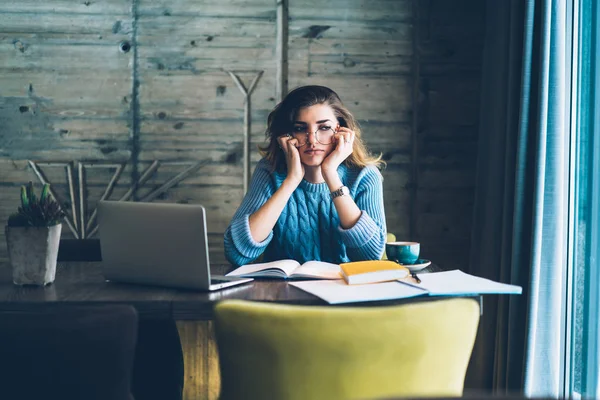 Tired Female Student Feeling Headache Because Deadline Young Woman Sitting — Stock Photo, Image