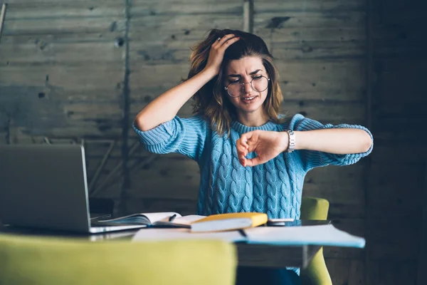 Angry Female Freelancer Checking Time Wristwatch Feeling Sad Because Overworked — Stock Photo, Image