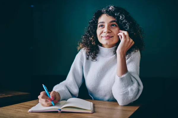 Cute Curly Smiling Hipster Girl Making Cellphone Call Consulting Friend — Stock Photo, Image
