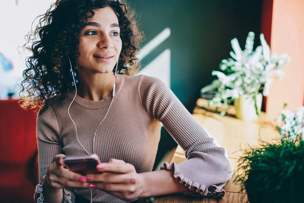 Positive Hipster Girl Feeling Happiness Dreaming While Enjoying Romantic Playlist — Stock Photo, Image