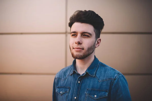 Handsome Pensive Hipster Guy Trendy Hairstyle Looking Thoughtfully Away Standing — Stock Photo, Image