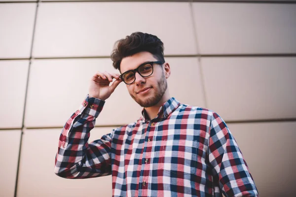 Portrait Handsome Male Clever Student Eyeglasses Posing Wall Background Positive — Stock Photo, Image