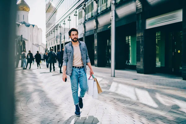 Stylish Bearded Young Man Dressed Denim Casual Wear Walking Outdoors — Stock Photo, Image