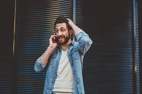 Excited Young Bearded Man Denim Wear Shocked Heard Information Phone — Stock Photo, Image