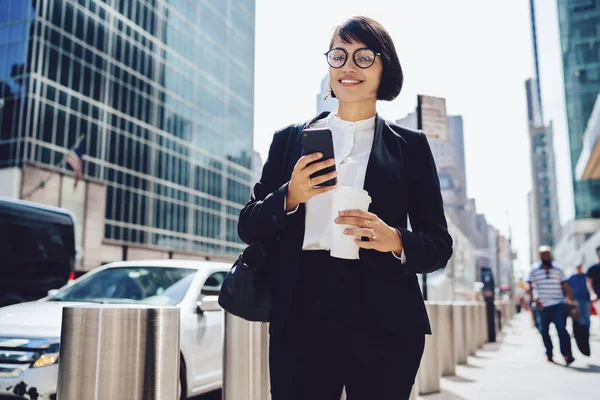 Half Length Portrait Smiling Corporate Director Elegant Suit Using Modern — Stock Photo, Image