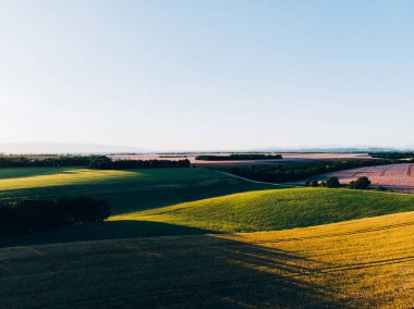 Gün batımında buğday tarlası olan güzel tepe vadisinin havadan manzarası. İtalya 'nın ünlü kültürel bölgesinin kırsal arazisi, öğleden sonra gölgeleriyle Toskana toprakları