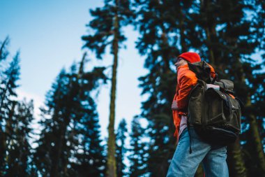 Yeşil yaz ormanlarında sırt çantalı turist manzarasının altında genç bayan yürüyüşçü, dünyanın bitki örtüsünü keşfetmek için ulusal parka yaptığı gezide temiz havanın tadını çıkarıyor.