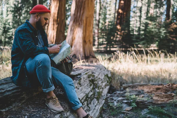 Caminhante Masculino Com Mochila Descansando Durante Passeio Trekking Montanhas Wanderlust — Fotografia de Stock