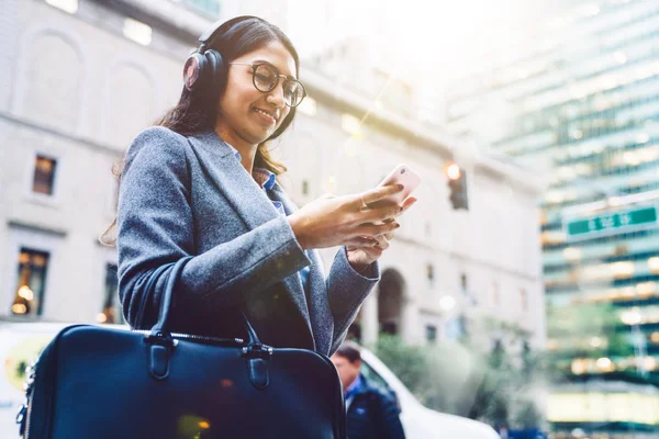 Smiling Indian Female Listening Music Headphones While Standing City Street — Stock Photo, Image