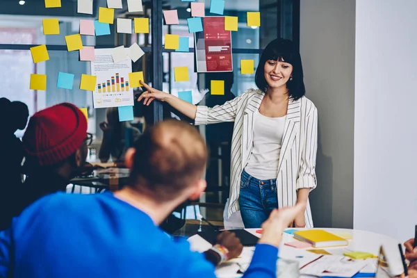 Cheerful Young Female Coach Making Training Lesson Multiracial Crew Students — Stock Photo, Image