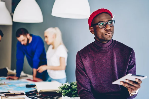 Pensive African American Hipster Guy Pondering Ideas Publication Personal Blog – stockfoto