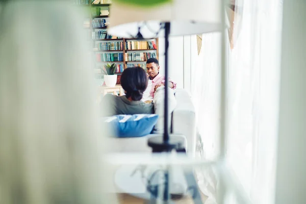 Serious African American Male Background Looking His Girlfriend Sitting Together — Stock Photo, Image