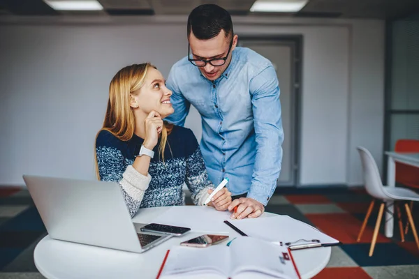 Successful Two Architects Collaborating Design Project Sitting Table Modern Laptop — Stock Photo, Image