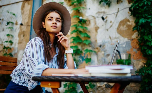 Pensive Hipster Girl Stylish Hat Thinking Ideas Article Publication Sitting — Stock fotografie