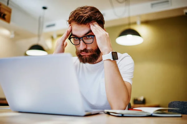 Sad Male Freelancer Eyewear Vision Protection Working Overtime Laptop Computer — Foto de Stock