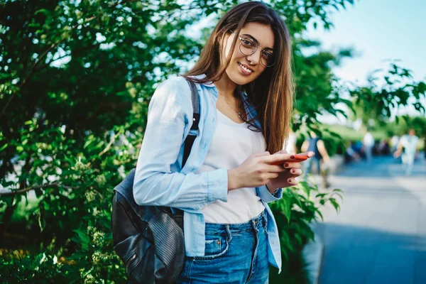 Portrait Young Woman Smiling Camera While Updating Profile App Modern — Stok Foto