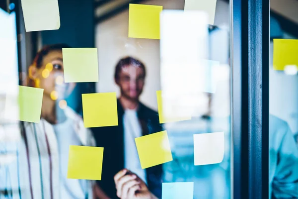 Selective Focus Colourful Stickers Glass Organizing Working Process Group Young — Stock Photo, Image