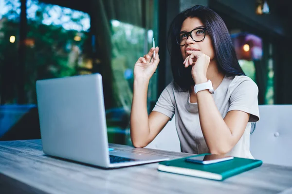 Thoughtful Female Eyewear Pondering Idea Blog Working Remotely Laptop Computer —  Fotos de Stock