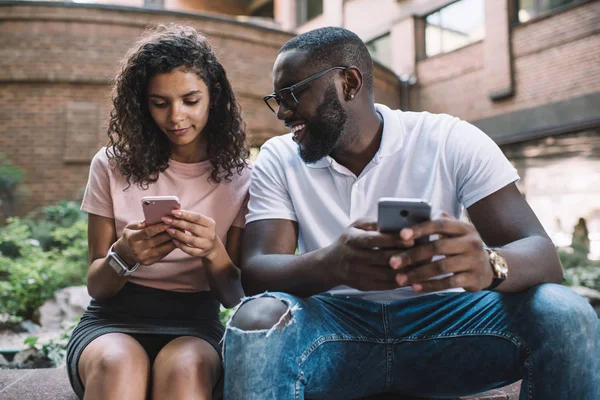 Smiling Hipster Guy Eyewear Looking Smartphone Screen Checking Head Sms — Foto de Stock