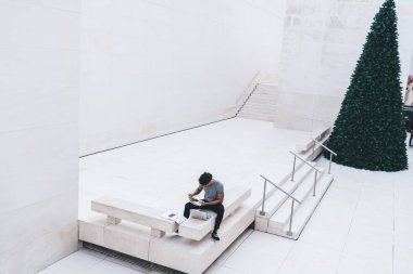 Modern dizüstü bilgisayarla başlayarak uzak çalışma sırasında grafik çizimlerinden bilgi toplamaya çalışan yetenekli bir adam. Zeki erkek öğrenci öğrenim görmek için zaman harcıyor.