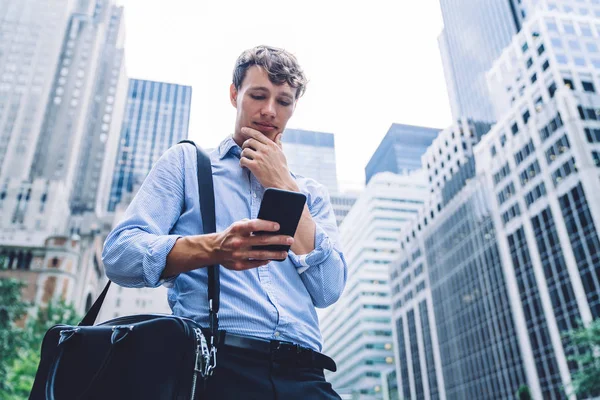 Pensive Young Guy Checking Financial News Website Connected Wireless Surfing — Foto de Stock