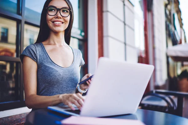 Cheerful Successful Hipster Girl Sitting Street Cafeteria Waiting Updating Laptop — Stock Photo, Image