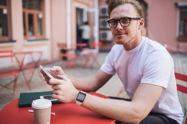 Portrait Young Male Blogger Modern Touch Pad Hands Sitting Street – stockfoto