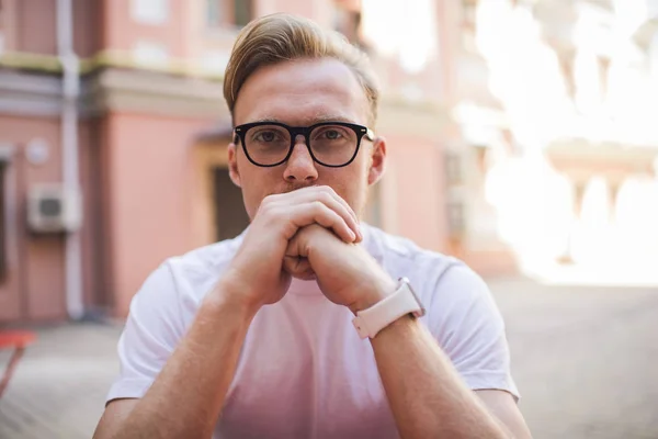 Close Portrait Handsome Hipster Guy Optical Spectacles Vision Correction Looking — Stock Photo, Image