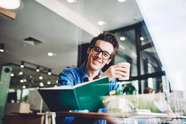 Portrait Positive Male Reader Spectacles Provide Eyes Protection Smiling Camera – stockfoto