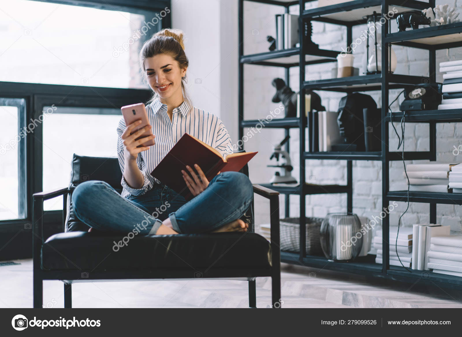 Positive Woman Resting Book Chair Home Stylish Interior While Reading Stock  Photo by ©GaudiLab 279099526
