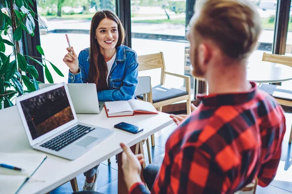 Positive Male Female Hipsters Planning Future Event Friends University Using – stockfoto