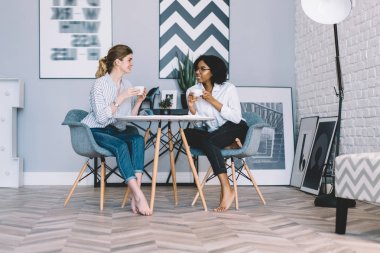 Olumlu esmer tenli genç bir kadın neşeli beyaz arkadaşıyla iletişim kuruyor ve moda dünyasından son haberleri modern apartman dairesinde, şık tasarım tasarımı ile sıcak bir sohbet sırasında tartışıyor.