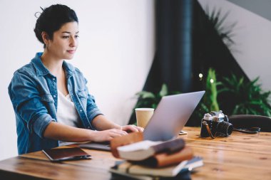 Millennial kadın serbest çalışan netbook 'taki kablosuz internet bağlantısını kullanarak uzaktan kafede çalışıyor. Dizüstü bilgisayar uygulaması üzerinden sunum yapmak için yetenekli grafik tasarımcısı dosya indiriyor.