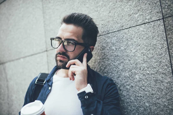 Millennial Man Making Cellphone Conversation Phoning Online Application While Standing — Stock Photo, Image