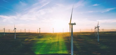 Kuşlar rüzgar enerjisinden yeşil enerji kaynakları üreten yel değirmenleri istasyonunu tarımın engin alanlarında görüyorlar. Çayırlarda dönen türbinlerle alternatif elektrik üretimi