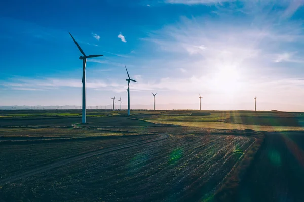 海に隣接する農業草原の広大な地域に吹く風からエネルギーを得るエコパワーを栽培エリアを提供する再生可能な風車の空中風景 代替電気 — ストック写真