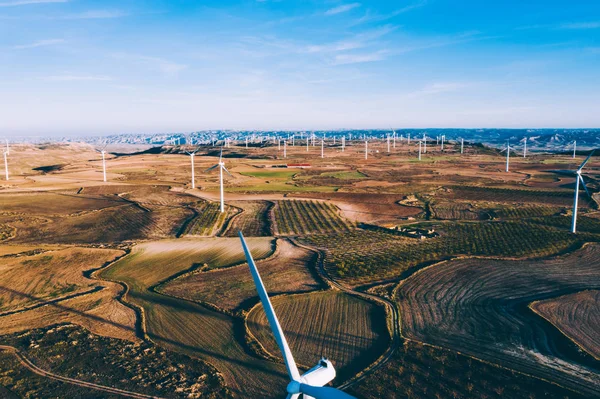 Vogels Blik Windmolens Station Met Groene Energiebronnen Opwekking Uit Windenergie — Stockfoto