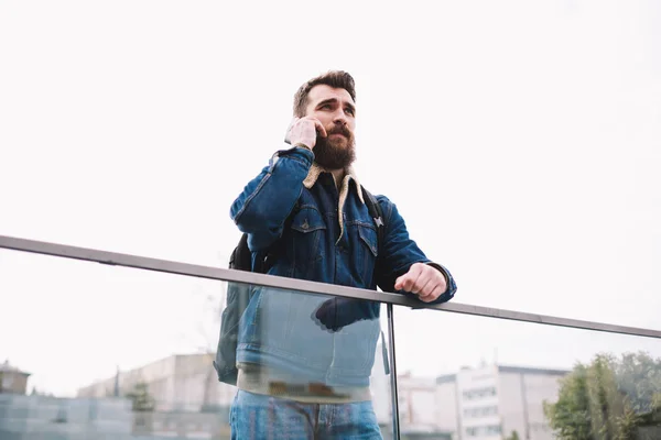 Puzzled Hipster Guy Calling Operator Discussing Money Question Account Balance — Stock Photo, Image