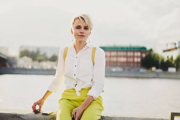 Portrait Charming Hipster Girl Blonde Hair Looking Camera While Resting — Stock Photo, Image