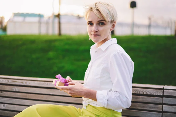 Portrait Attractive Hipster Girl Short Haircut Looking Camera While Resting — Stock Photo, Image