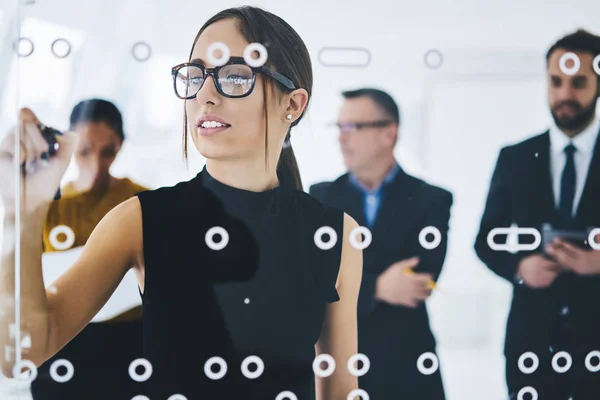 Beautiful Caucasian Woman Boss Eyeglasses Vision Correction Making Business Presentation — Stock Photo, Image