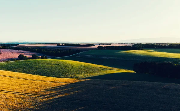 日没時に小麦畑と美しい丘陵の谷の空中景観 有名な文化的なイタリア地域の田舎の田園風景 午後の影を持つトスカーナのフィールド — ストック写真