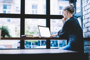 Pencere yakın tek başına oturma modern kahve dükkanı iç masada okurken genç sarışın saç kadın yan görünüm sahte ekran ile dizüstü bilgisayar kullanarak. Freelance üzerinde çalışan genç çağdaş kadın
