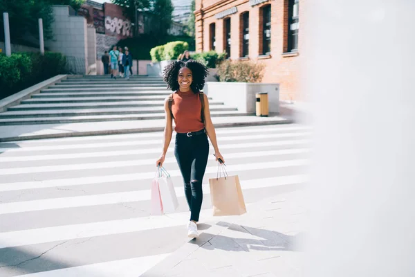 Full Length Portrait Happy Cheerful Female Hipster Purchases Hands Smiling — Stock Photo, Image