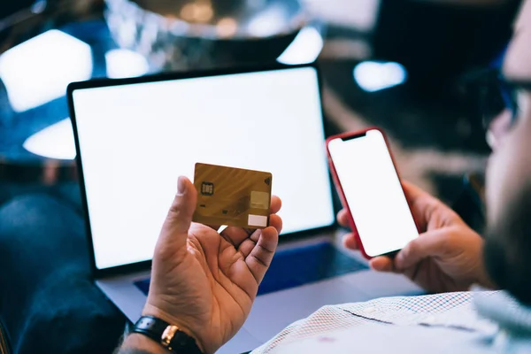 Close Caucasian Young Man Holding Plastic Credit Card Hands Doing — Stock Photo, Image